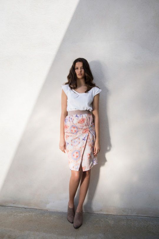 Midi wrap skirt. Model is standing. Shown in the eshop